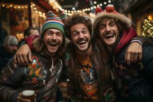 A group of friends wearing outrageously funny Christmas sweaters, surrounded by quirky decorations, enjoying a festive and humorous celebration. Generative Ai photo