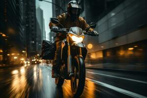 An urban scene showing a motorcycle rider navigating through city streets, embodying the excitement and energy of urban exploration. Generative AI photo