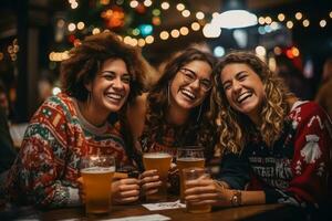 A group of friends wearing outrageously funny Christmas sweaters, surrounded by quirky decorations, enjoying a festive and humorous celebration. Generative Ai photo