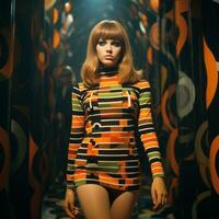 Young woman in mini skirt dress in psychedelic Swinging London style. In 1967 in a fashion psychedelic disco. Generative AI photo