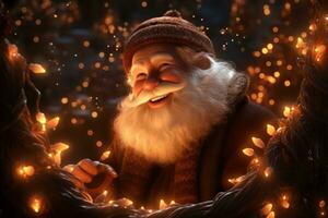 Santa Claus tangled in Christmas lights, with mischievous reindeer nearby, creating a lighthearted and comical scene. Generative AI photo
