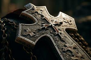 Close-up shots of the iconic symbols associated with the Knights Templar, such as the cross pattee, engraved on stone or metal surfaces. Generative Ai photo