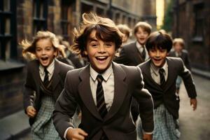 Pre-adolescent boys and girls going to school and laughing. Generative Ai photo