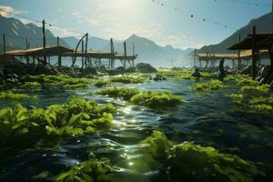 Modern kelp farming techniques, showcasing the sustainable cultivation of Laminaria japonica in sea farms. Generative AI photo