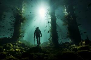 Underwater images capturing divers and marine biologists exploring the Laminaria japonica habitats, revealing the intricate beauty of these underwater forests. Generative Ai photo