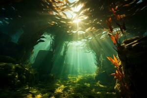 A captivating shot of sunlight filtering through the dense kelp canopy underwater, creating mesmerizing patterns of light and shadow. Generative Ai photo