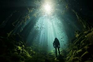 Underwater images capturing divers and marine biologists exploring the Laminaria japonica habitats, revealing the intricate beauty of these underwater forests. Generative Ai photo