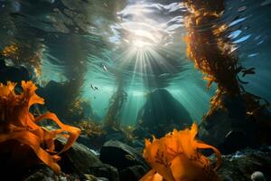 An expansive underwater shot of a vibrant kelp forest, showcasing the towering kelp plants and the diverse marine life that inhabit them. Generative Ai photo