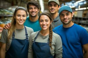 Advertising portrait shot of a fishmarket staff team standing together in a fishmarket and they look at the camera. Generative Ai photo