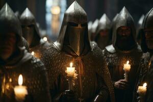 un artístico representación de un templarios ritual, capturar el sentido de misticismo y devoción ese rodeado su ceremonias generativo ai foto