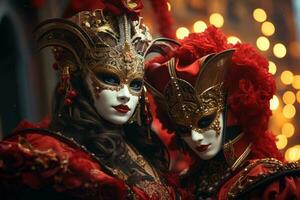 Elegantly dressed individuals wearing Venetian masks in a mystery location. Generative Ai photo