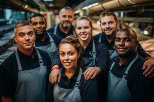 Advertising portrait shot of a fishmarket staff team standing together in a fishmarket and they look at the camera. Generative Ai photo