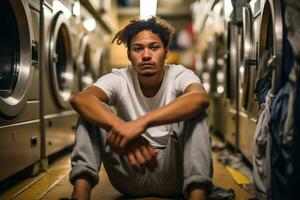 Young man waiting in laundry, sitting on the floor. Generative Ai photo