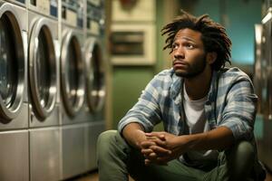 Young man waiting in laundry, sitting on the floor. Generative Ai photo