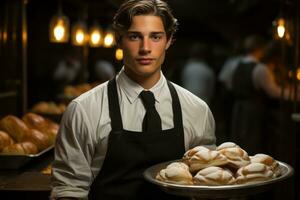 Baker holding a tray of freshly baked pastries. Artisanal fresh bread and pastries concept. Generative Ai photo