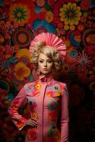 Fashion model donning bold and vibrant outfits reminiscent of dolls' iconic style. Generative Ai photo