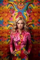 Fashion model donning bold and vibrant outfits reminiscent of dolls' iconic style. Generative Ai photo