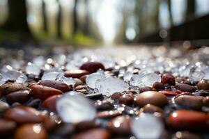 Close-up shots of hailstones of various sizes lying on the ground, showcasing the impact of their destructive force. Generative Ai photo