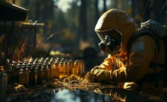 Person in hazmat suits checking for radioactive levels in water and ground. Generative AI photo