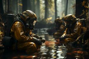 Person in hazmat suits checking for radioactive levels in water and ground. Generative AI photo