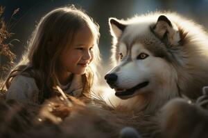 A gentle Siberian Husky interacting with children, symbolizing their friendly and gentle demeanor. Generative AI photo