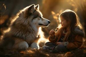 A gentle Siberian Husky interacting with children, symbolizing their friendly and gentle demeanor. Generative AI photo