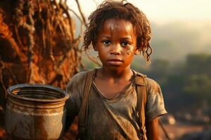 Depicting a african child carrying a bucket of clean water from a newly installed well, illustrating the impact of access to basic necessities. Generative AI photo