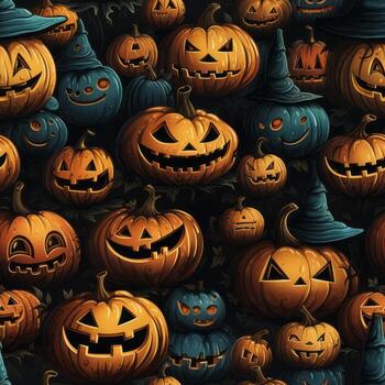 Seamless pattern with jack o lantern halloween pumpkins on spooky background. Concept be used for brochure, backdrops, web banner, scrapbook , textile print, page fill. Generative Ai photo