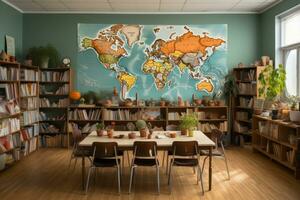 An unoccupied language classroom with maps, whiteboards, and foreign language books, evoking a sense of cultural exploration. Generative Ai photo