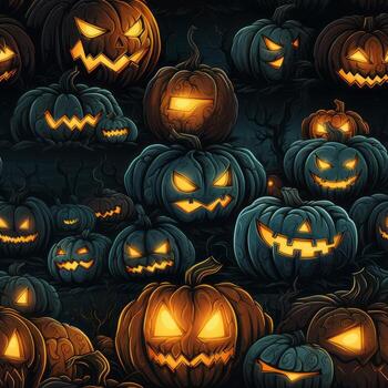 Seamless pattern with jack o lantern halloween pumpkins on spooky background. Concept be used for brochure, backdrops, web banner, scrapbook , textile print, page fill. Generative Ai photo