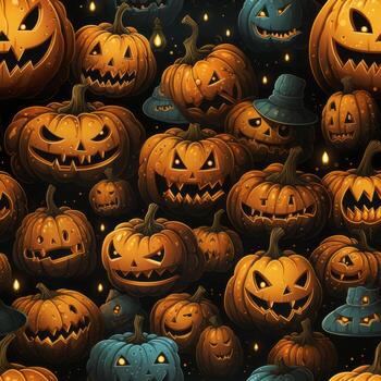 Seamless pattern with jack o lantern halloween pumpkins on spooky background. Concept be used for brochure, backdrops, web banner, scrapbook , textile print, page fill. Generative Ai photo