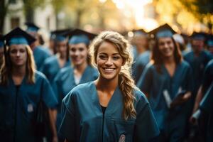 A group of nursing students celebrating their graduation, symbolizing the beginning of a rewarding and fulfilling career in nursing. Generative Ai photo