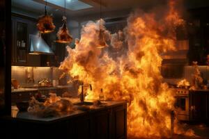 fuego ardiente dentro el cocina habitación de el residencial casa. generativo ai foto