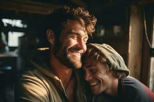 Emotional connection of a gay couple In love at home. Generative Ai photo