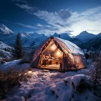 Scenic view of illuminated tent on snowy mountains. Generative Ai photo