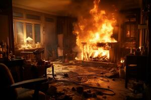 Fire burning inside the living room of the residential house. Generative Ai photo