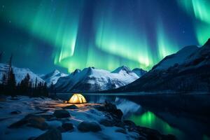 Scenic view of illuminated tent on snowy mountains with northern lights, aurora borealis on a blue night sky. Generative Ai photo
