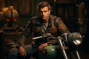 A motorcycle rider captured in front of a retro backdrop, capturing the timeless appeal and nostalgia associated with classic bikes. Generative Ai photo