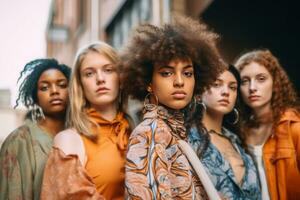 A group of young fashion models posing together in vibrant, trendy outfits, capturing the spirit of unity and diversity in the fashion industry. Generative Ai photo