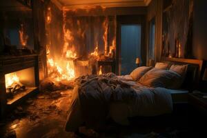 Fire burning inside the bedroom of the residential house. Generative Ai photo