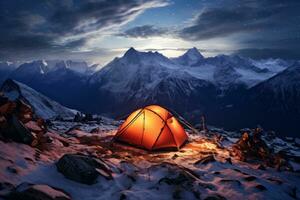 Scenic view of illuminated tent on snowy mountains. Generative Ai photo