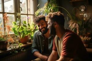 Emotional connection of a gay couple In love at home. Generative Ai photo