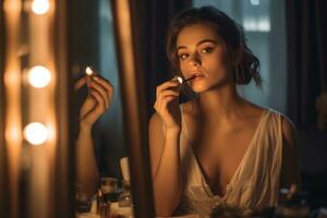 A young woman applying makeup in front of a well-lit vanity mirror, demonstrating beauty routines and self-care practices. Generative AI photo