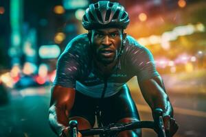 Cyclist with a fierce expression, emphasizing their love for the sport and inspiring viewers to embrace cycling as a way to pursue their passions. Generative photo