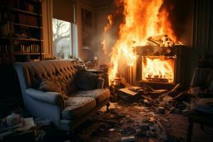 Fire burning inside the living room of the residential house. Generative Ai photo