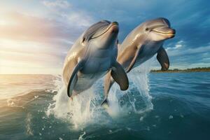 Happy dolphins jumping out of water. Generative Ai photo