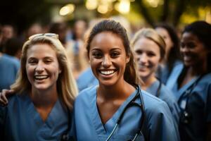 A group of nursing students celebrating their graduation, symbolizing the beginning of a rewarding and fulfilling career in nursing. Generative Ai photo