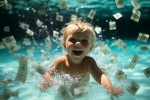 pequeño niño disfrutar en el nadando piscina lleno con dinero en el caliente verano soleado día. generativo ai foto