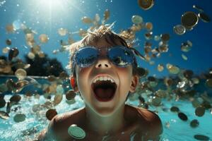 Little kid enjoy in the swimming pool filled with money in the hot summer sunny day. Generative Ai photo