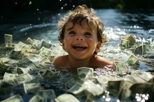 pequeño niño disfrutar en el nadando piscina lleno con dinero en el caliente verano soleado día. generativo ai foto